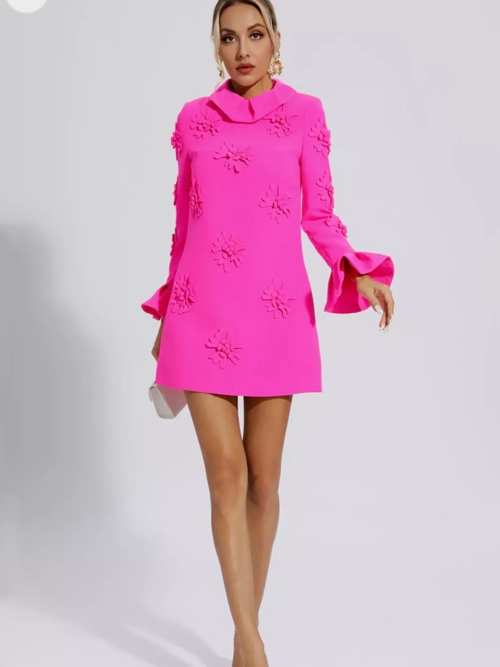 Feminine Hot Pink Long-Sleeve Mini Dress with Floral Appliqués